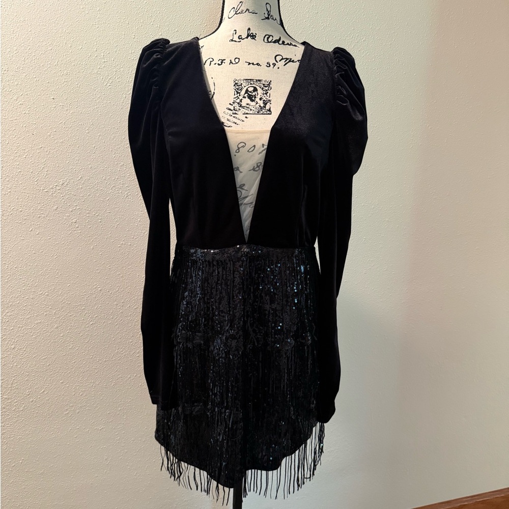 Black Velvet Dress with Fringe/Sequins